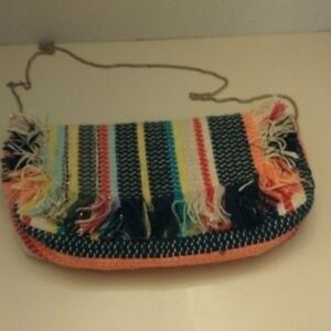 Bijou Brigette stripe yarn stitch fringe 12" x 7" crossbody bag chain strap